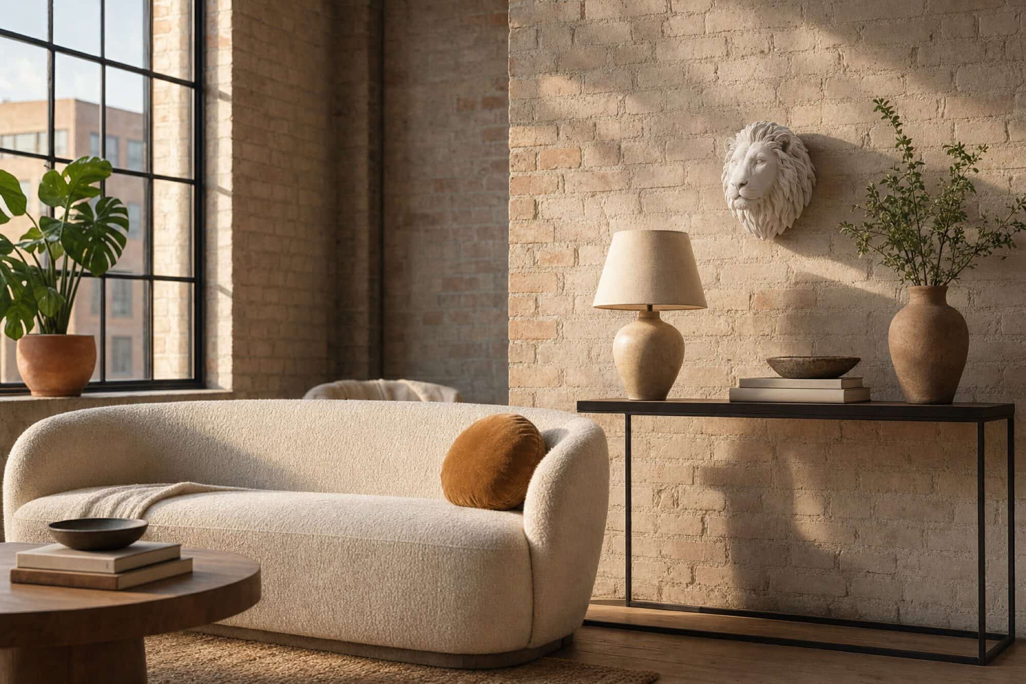 White Wild White lion sculpture on an exposed-brick loft wall above a boucle sofa