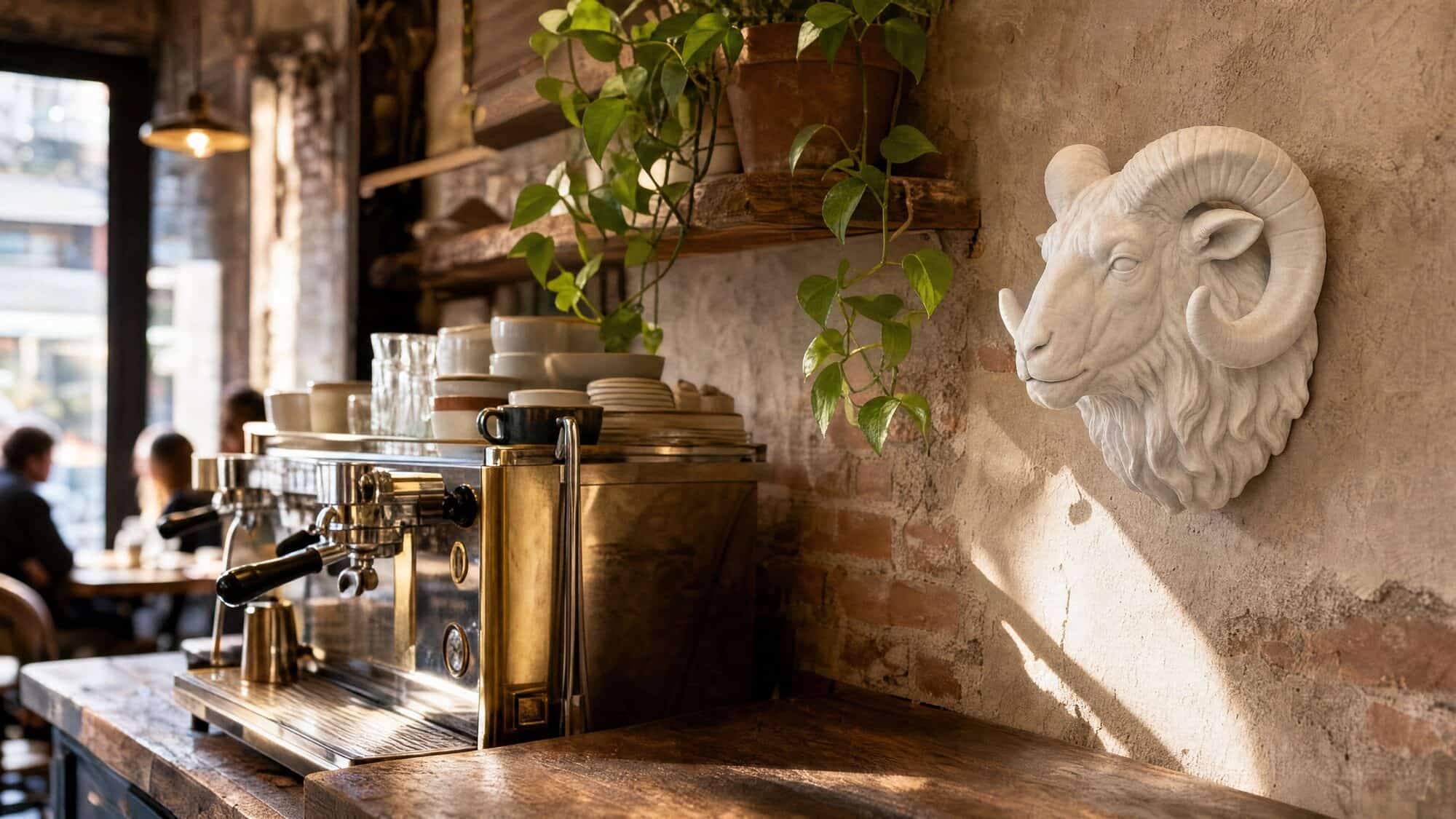 White Wild White ram sculpture on a plaster wall in a rustic café