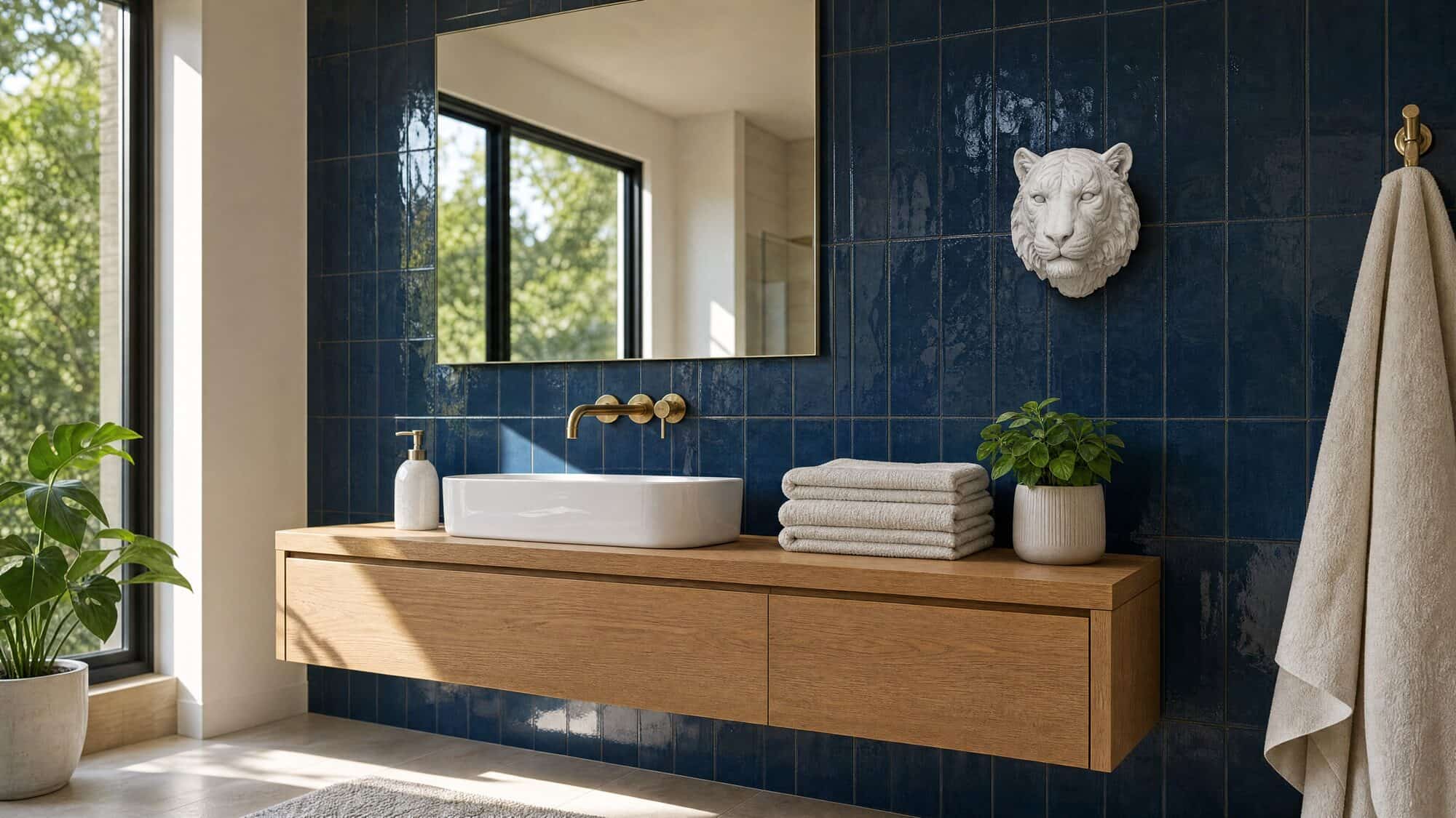 White Wild White tiger sculpture on a deep navy tiled bathroom wall