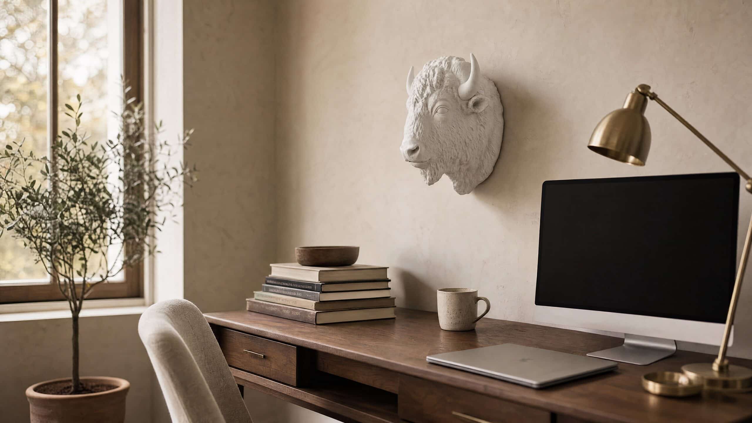 Wild White bison sculpture on a work desk